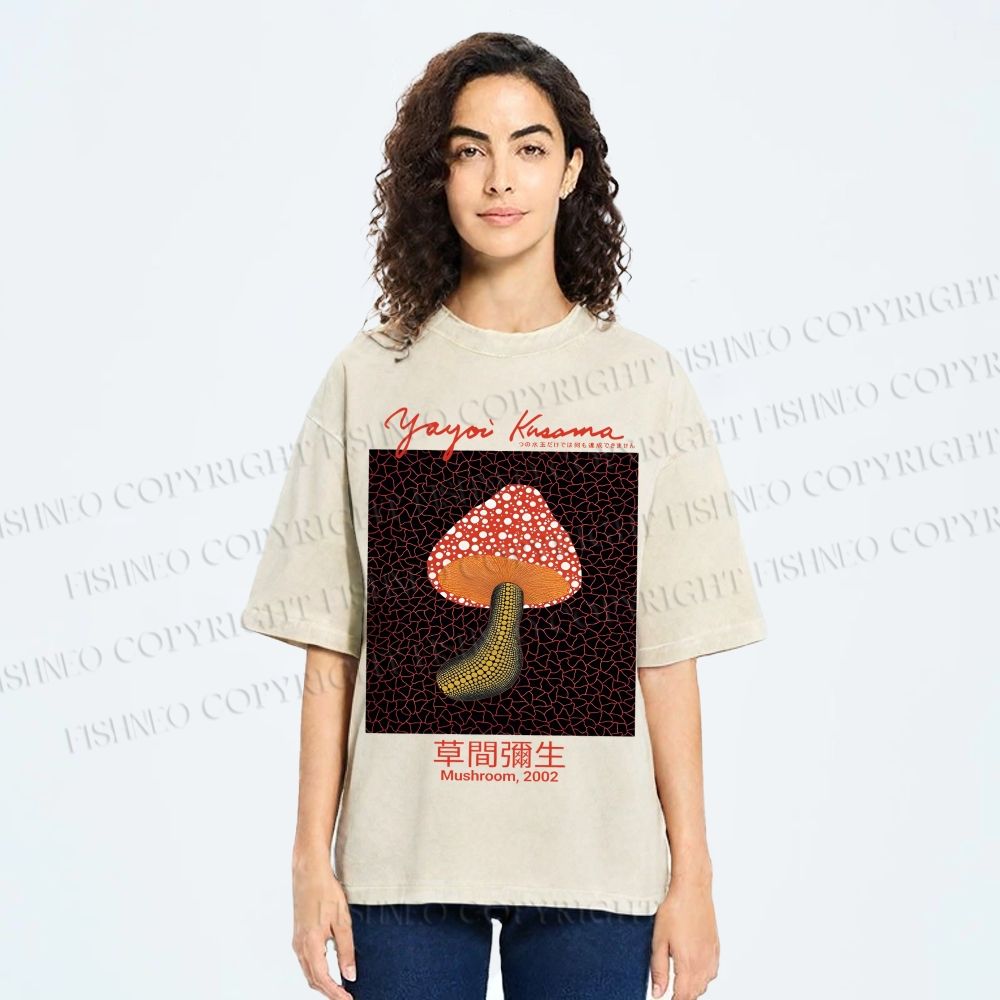 Unisex Yayoi Kusama Mushroom Printed Washed Tee