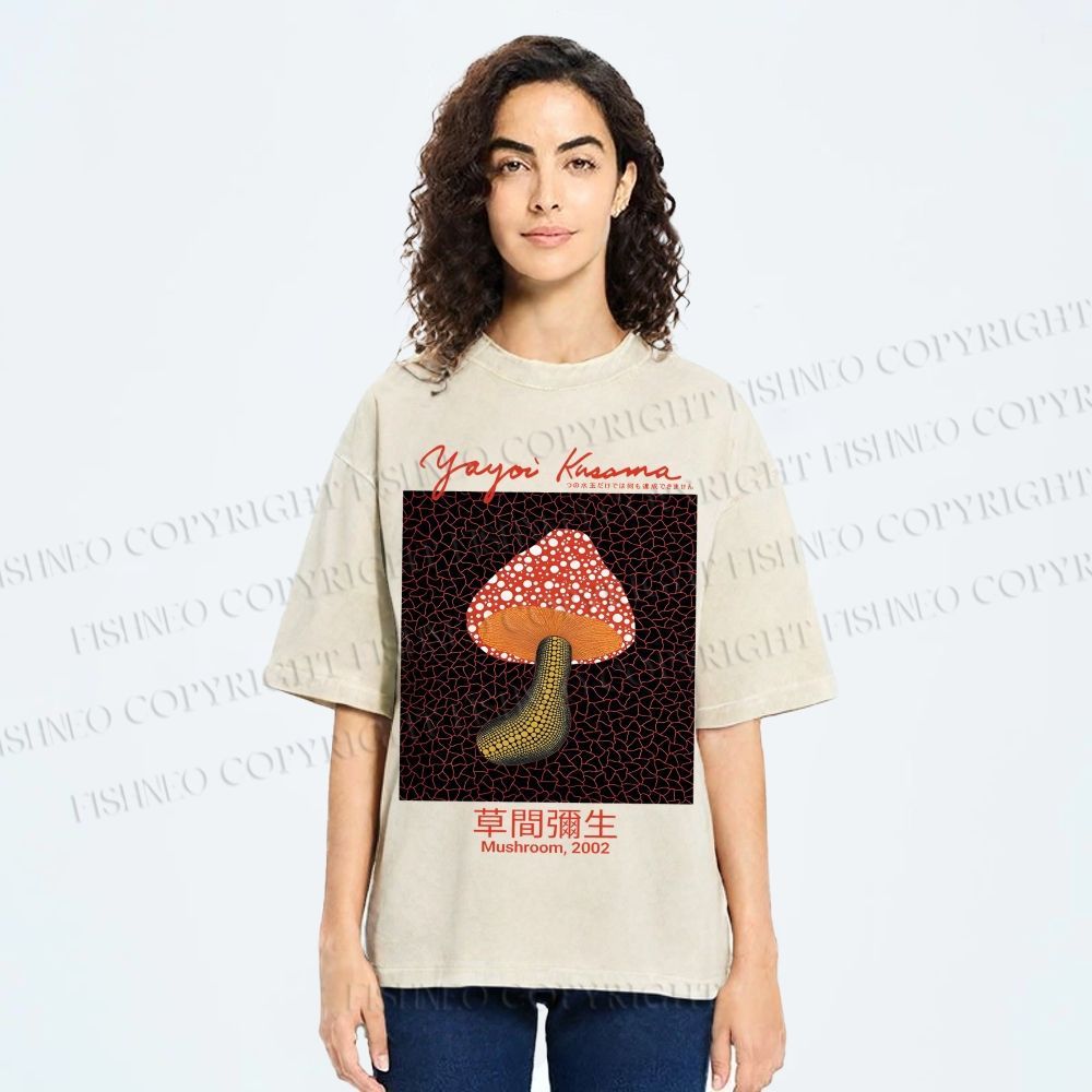 Unisex Yayoi Kusama Mushroom Printed Washed Tee