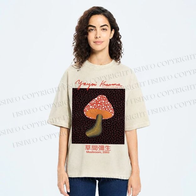 Unisex Yayoi Kusama Mushroom Printed Washed Tee