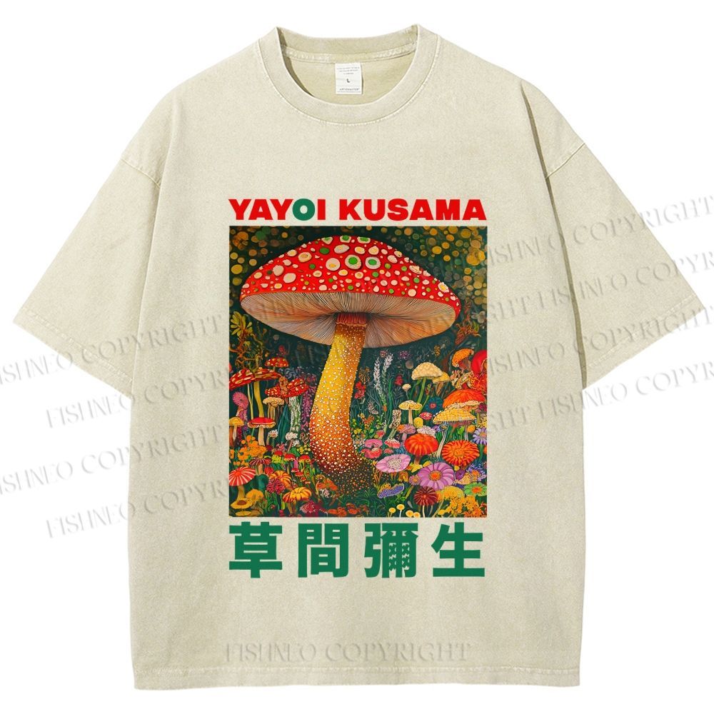 Unisex Yayoi Kusama Mushroom Printed Washed Tee