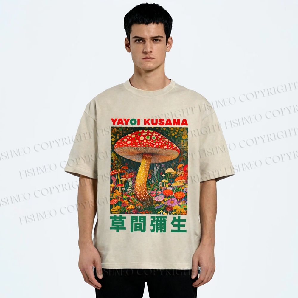 Unisex Yayoi Kusama Mushroom Printed Washed Tee