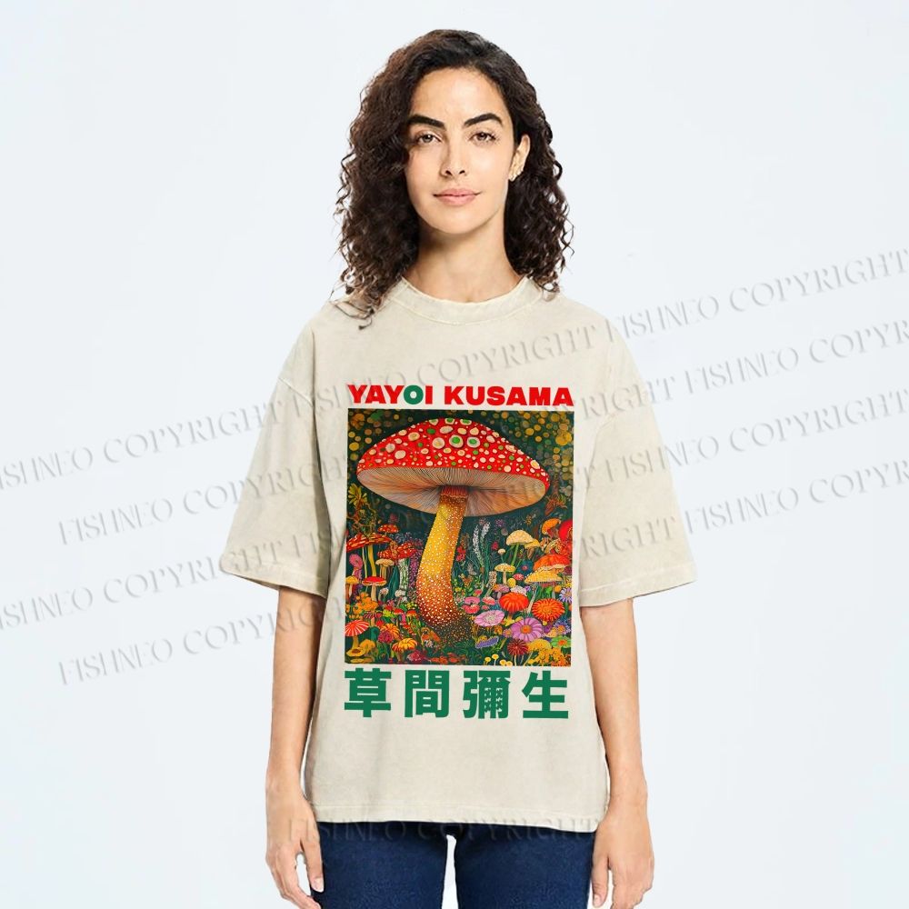 Unisex Yayoi Kusama Mushroom Printed Washed Tee