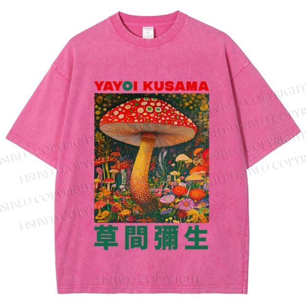 Unisex Yayoi Kusama Mushroom Printed Washed Tee
