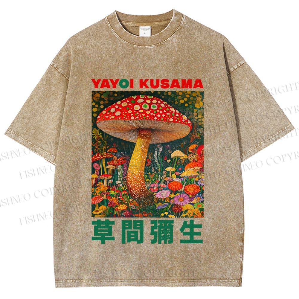 Unisex Yayoi Kusama Mushroom Printed Washed Tee