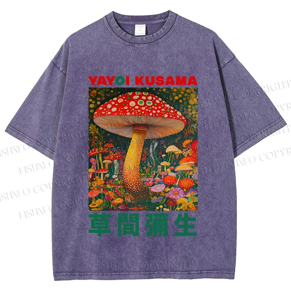 Unisex Yayoi Kusama Mushroom Printed Washed Tee
