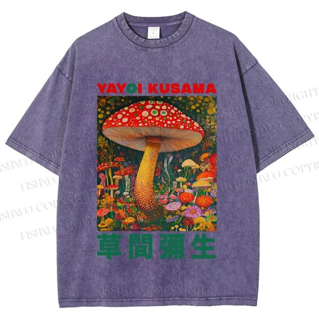 Unisex Yayoi Kusama Mushroom Printed Washed Tee