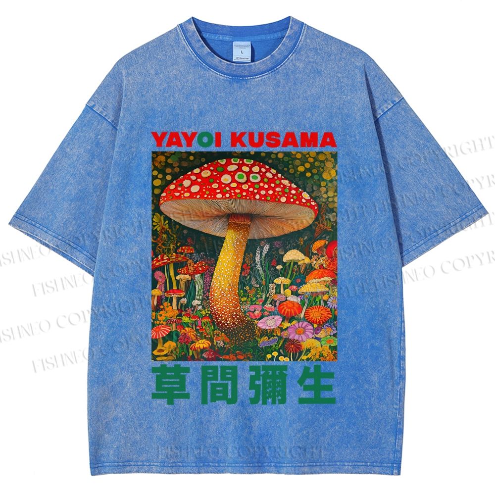Unisex Yayoi Kusama Mushroom Printed Washed Tee