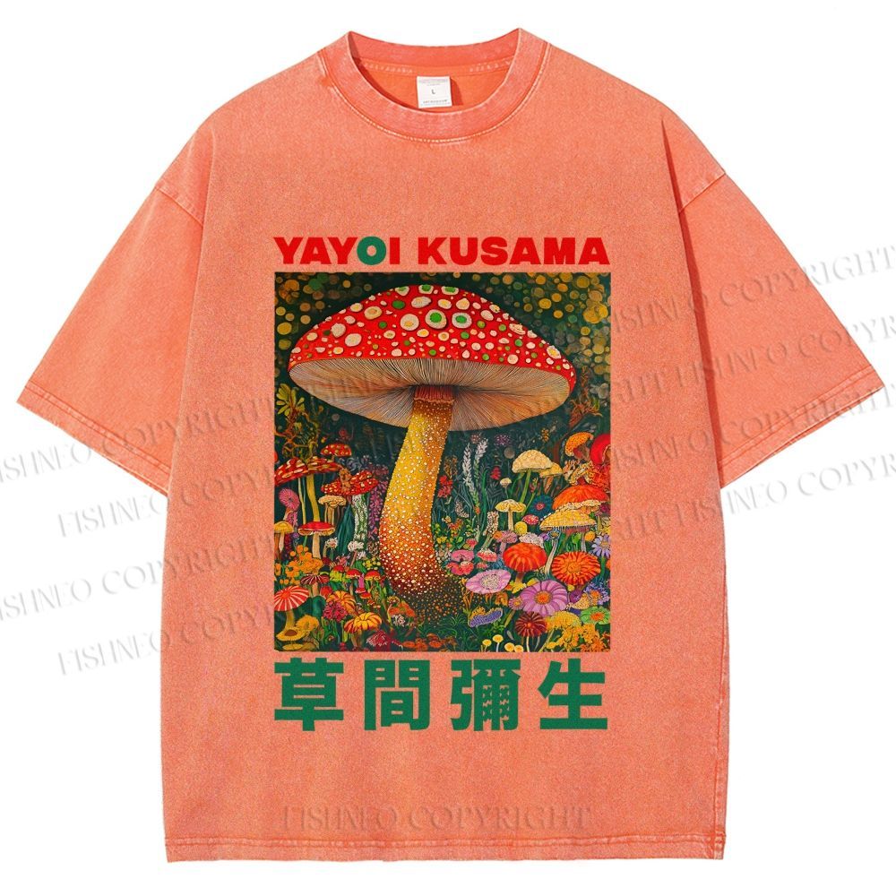 Unisex Yayoi Kusama Mushroom Printed Washed Tee