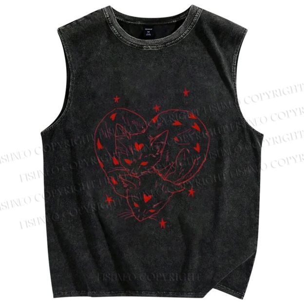 Unisex Heart Cat Printed Washed Tank Top