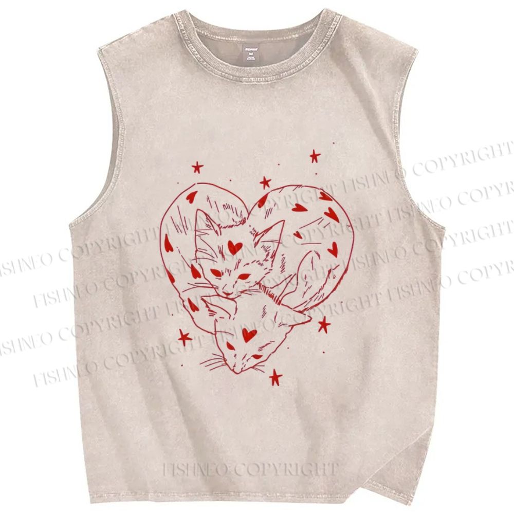 Unisex Heart Cat Printed Washed Tank Top
