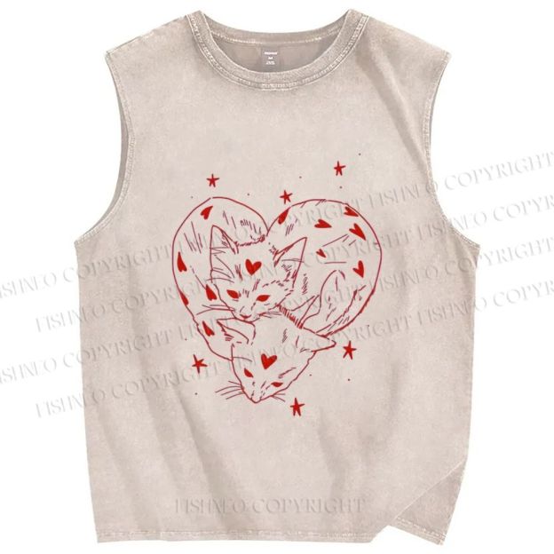 Unisex Heart Cat Printed Washed Tank Top