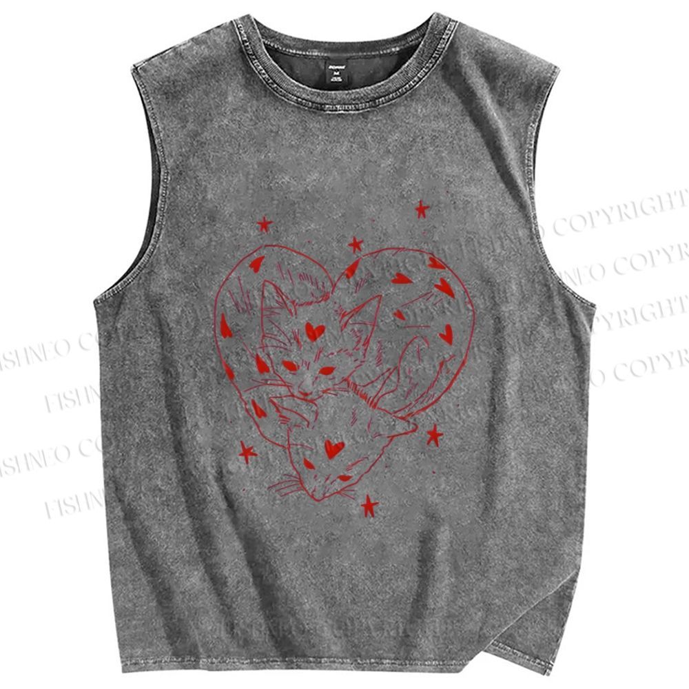Unisex Heart Cat Printed Washed Tank Top