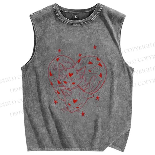 Unisex Heart Cat Printed Washed Tank Top