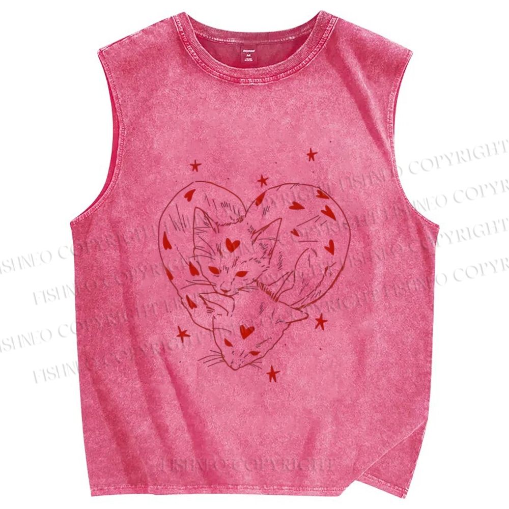 Unisex Heart Cat Printed Washed Tank Top