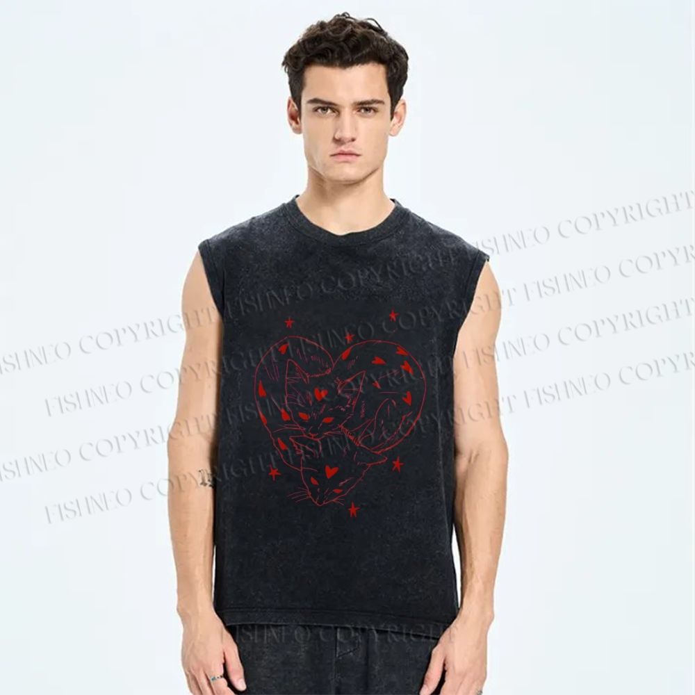 Unisex Heart Cat Printed Washed Tank Top