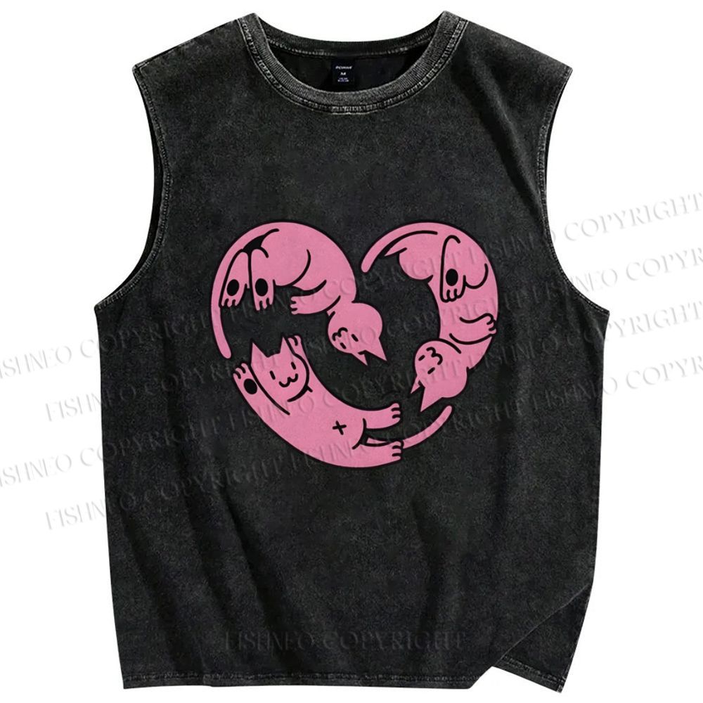 Unisex Pink Cat Printed Washed Tank Top