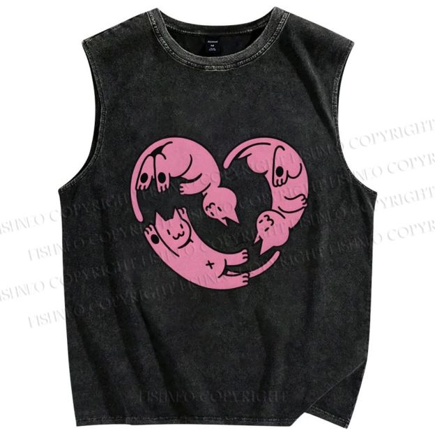 Unisex Pink Cat Printed Washed Tank Top