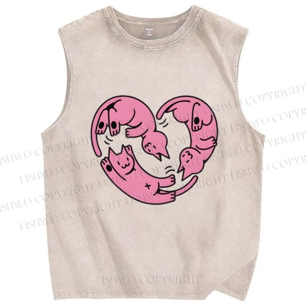 Unisex Pink Cat Printed Washed Tank Top