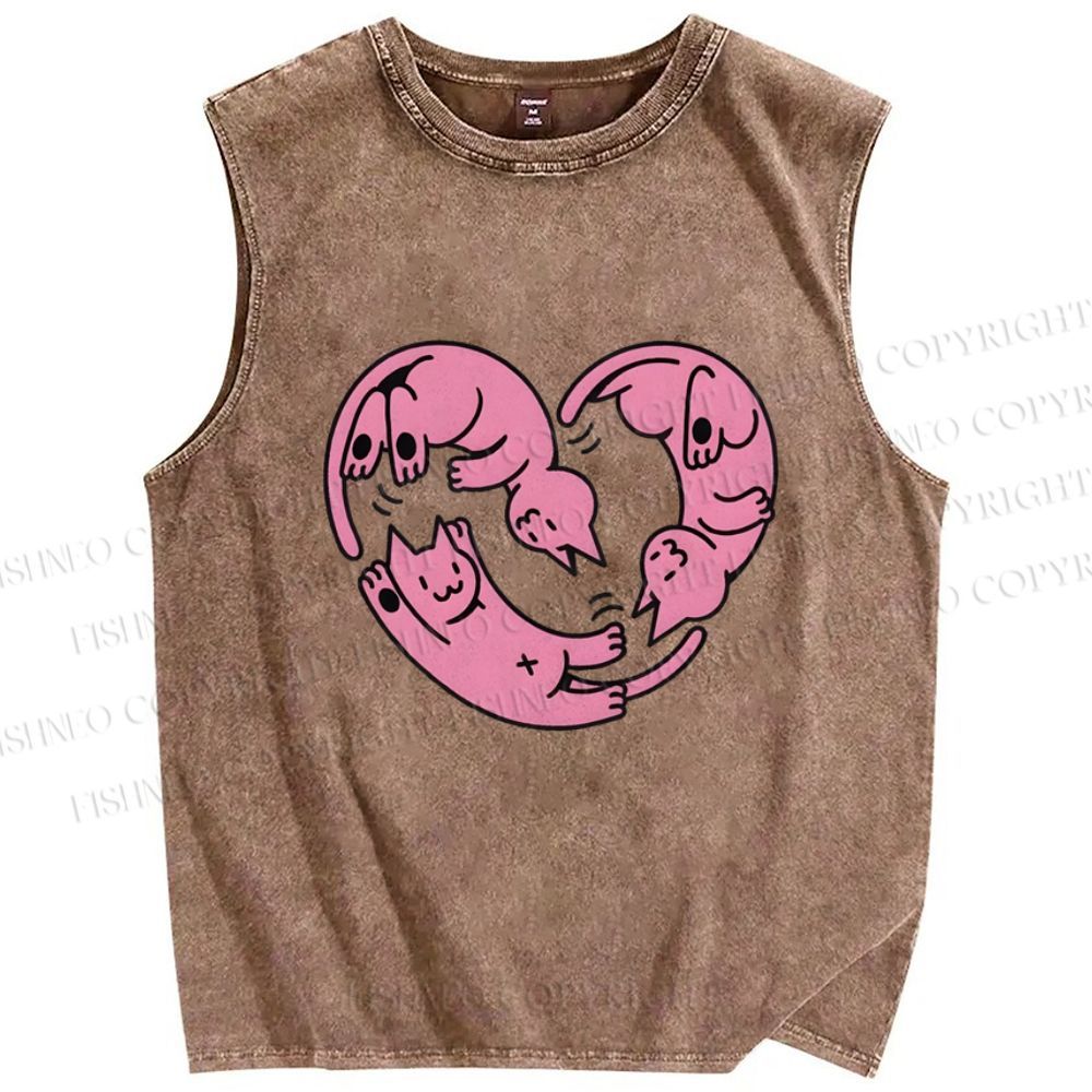 Unisex Pink Cat Printed Washed Tank Top
