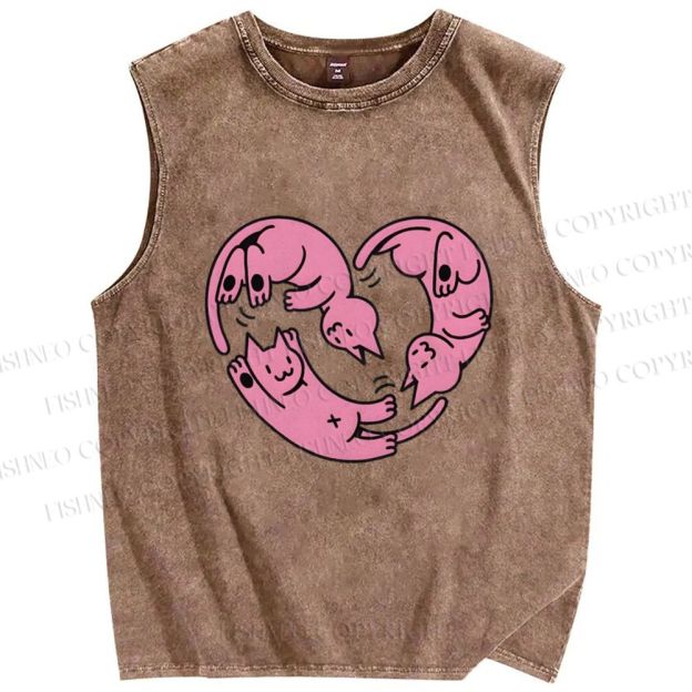 Unisex Pink Cat Printed Washed Tank Top