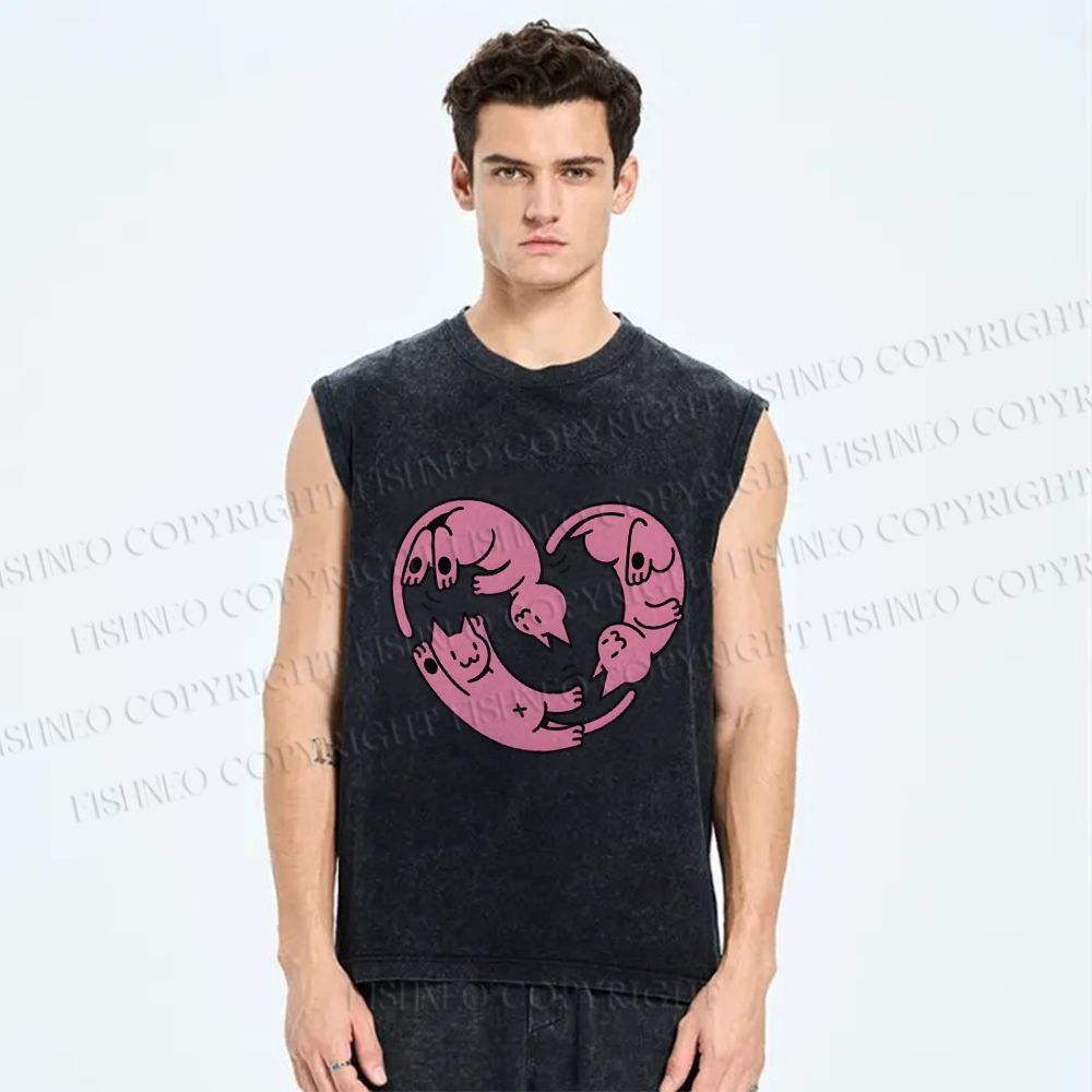 Unisex Pink Cat Printed Washed Tank Top