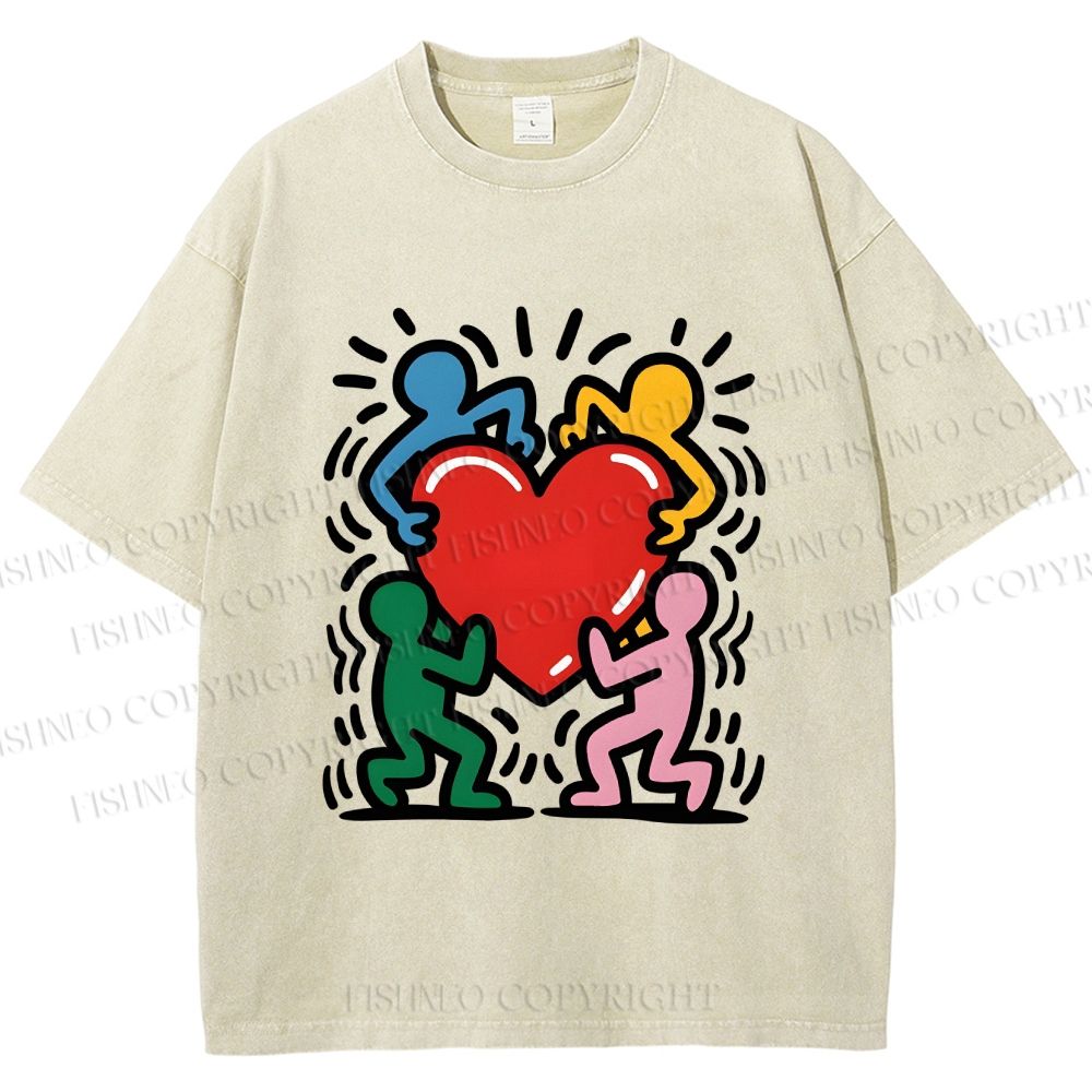 Unisex Keith Haring Heart With Bold Figures Printed Washed Tee