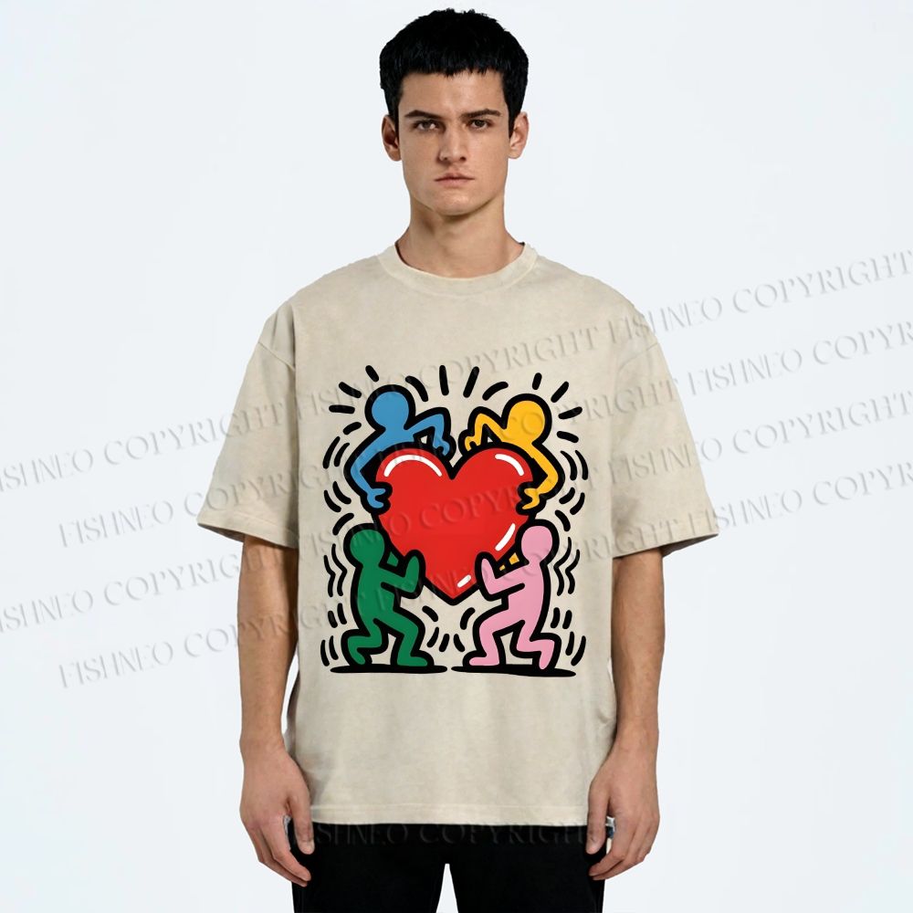 Unisex Keith Haring Heart With Bold Figures Printed Washed Tee