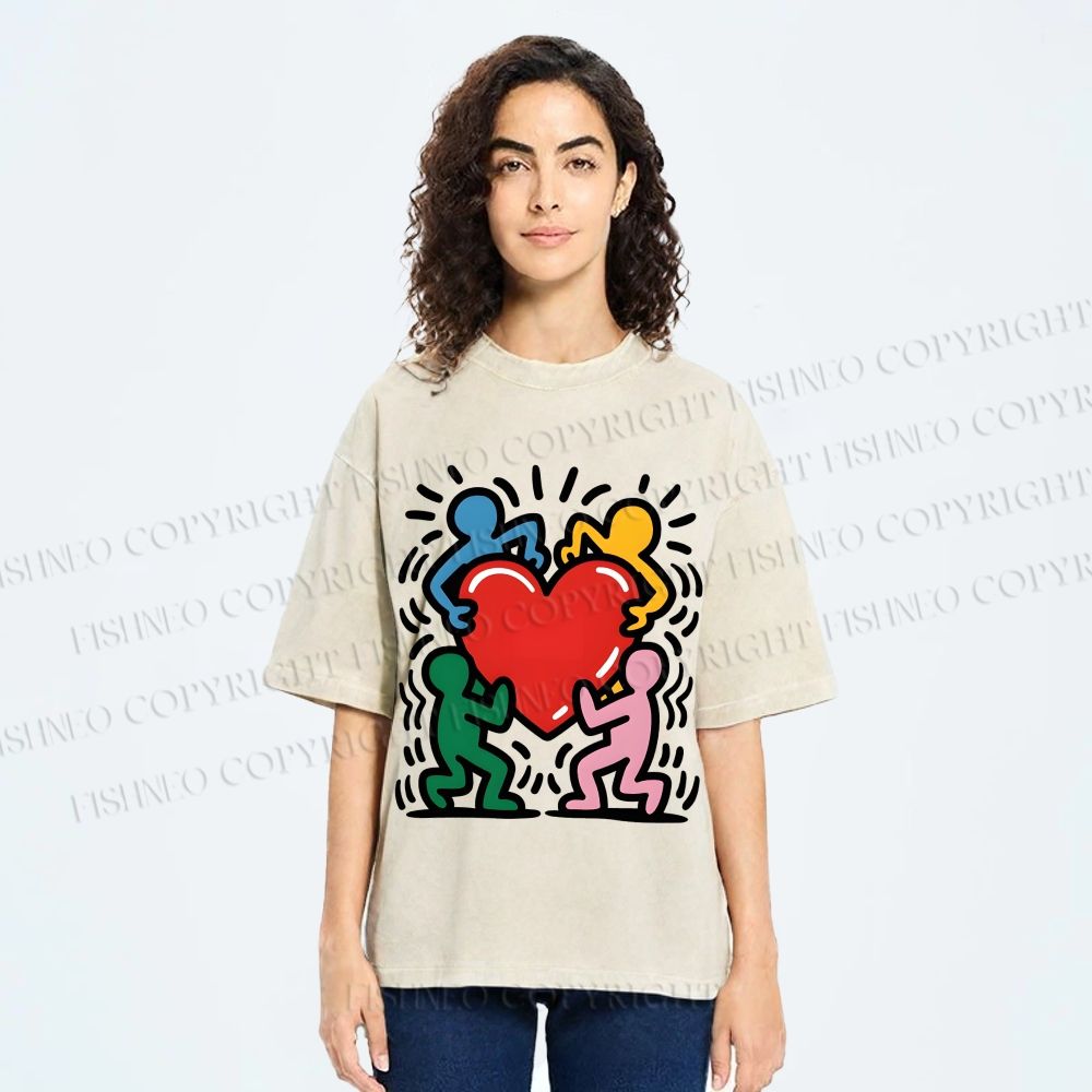 Unisex Keith Haring Heart With Bold Figures Printed Washed Tee