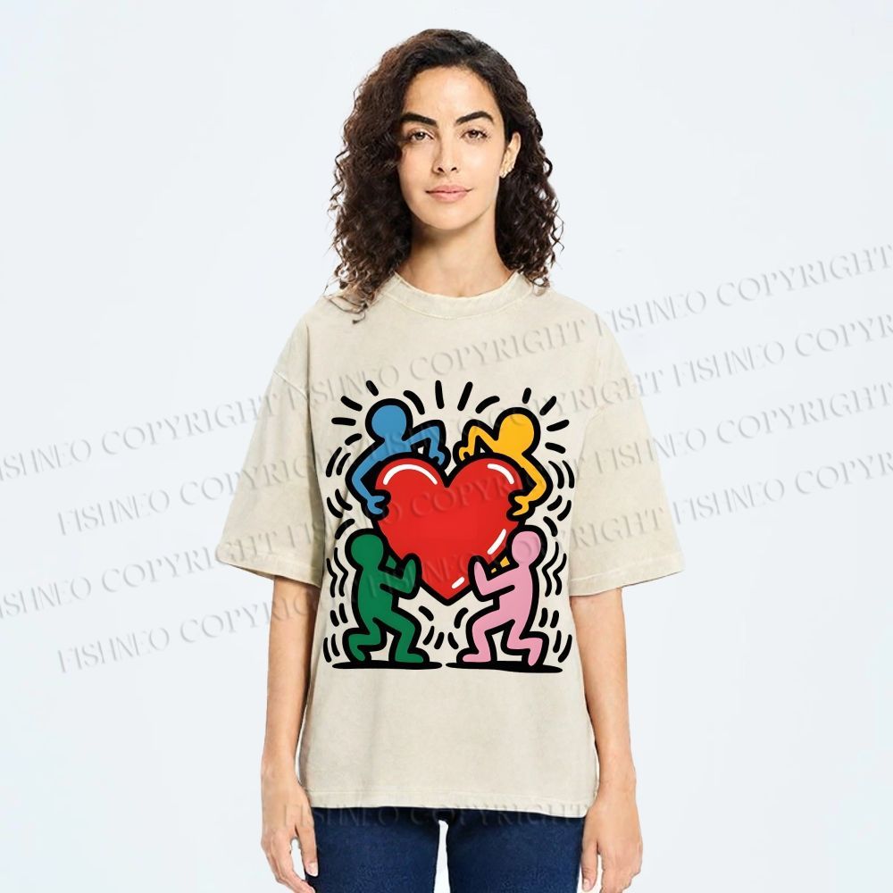 Unisex Keith Haring Heart With Bold Figures Printed Washed Tee
