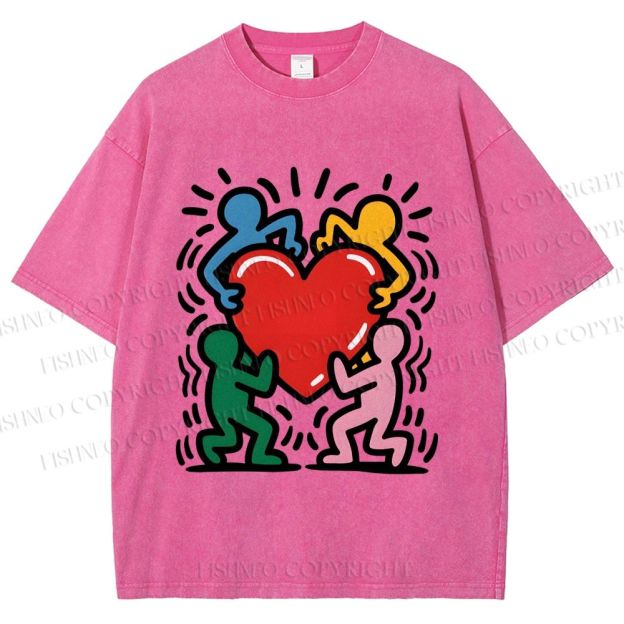 Unisex Keith Haring Heart With Bold Figures Printed Washed Tee