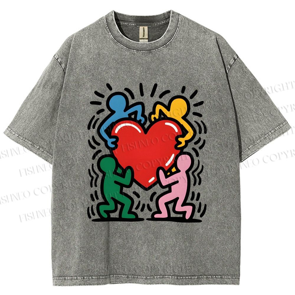 Unisex Keith Haring Heart With Bold Figures Printed Washed Tee