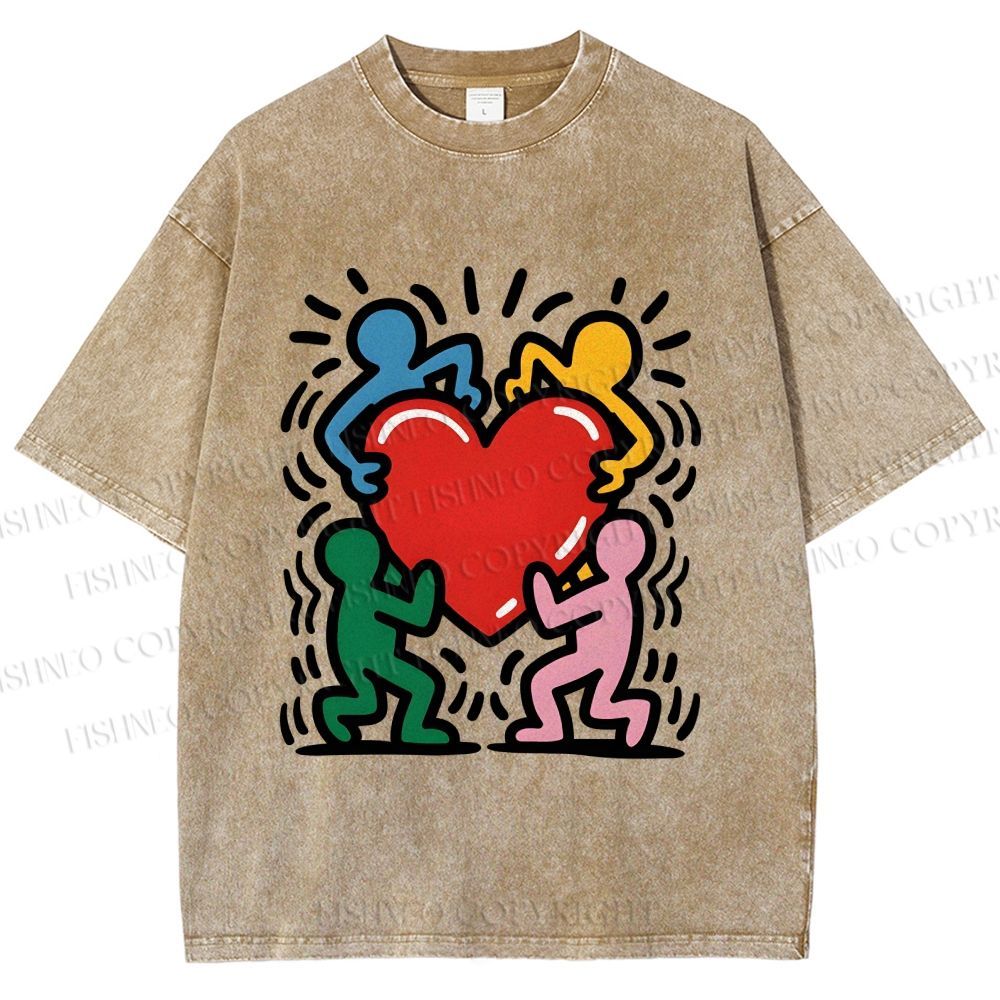Unisex Keith Haring Heart With Bold Figures Printed Washed Tee