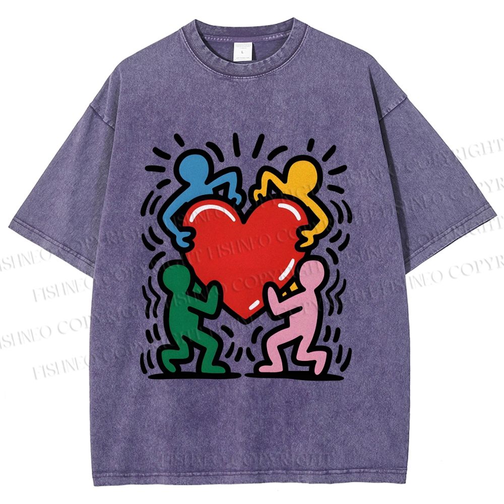 Unisex Keith Haring Heart With Bold Figures Printed Washed Tee