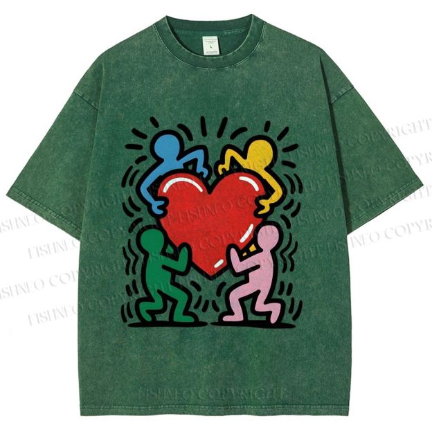 Unisex Keith Haring Heart With Bold Figures Printed Washed Tee
