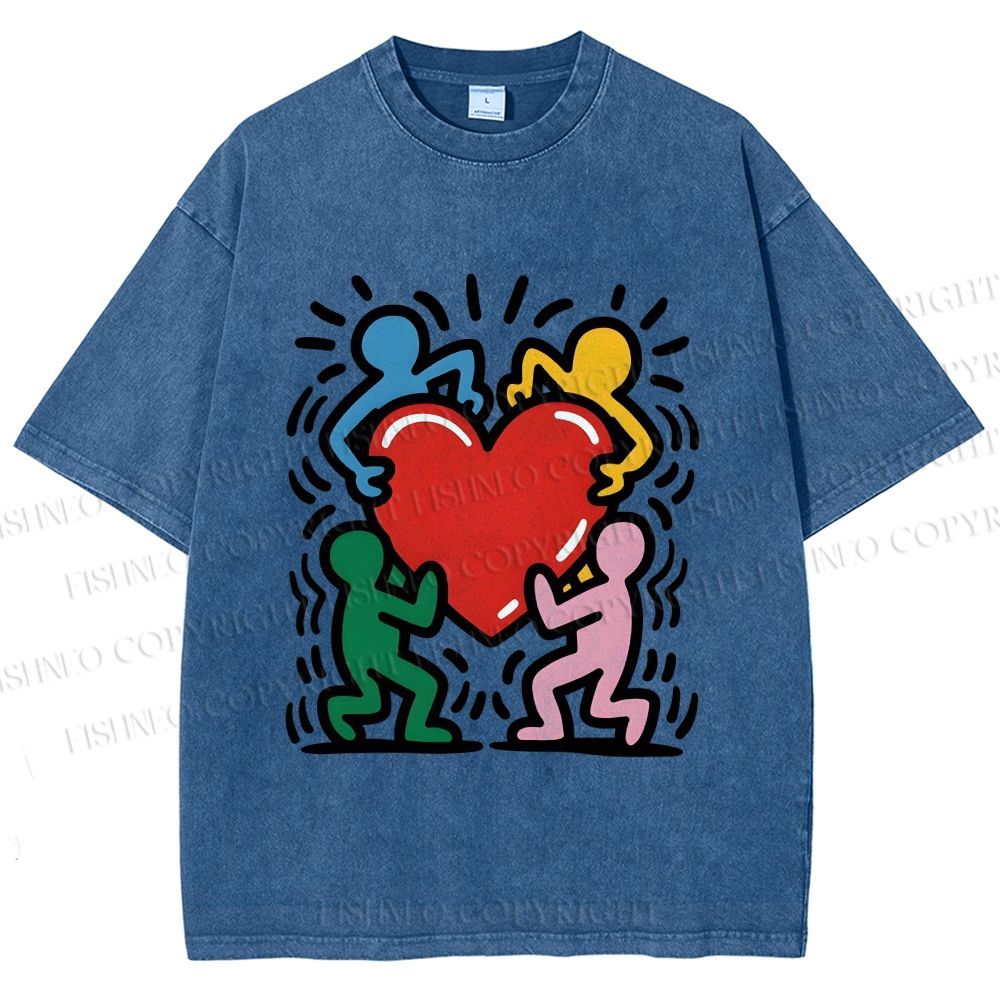 Unisex Keith Haring Heart With Bold Figures Printed Washed Tee