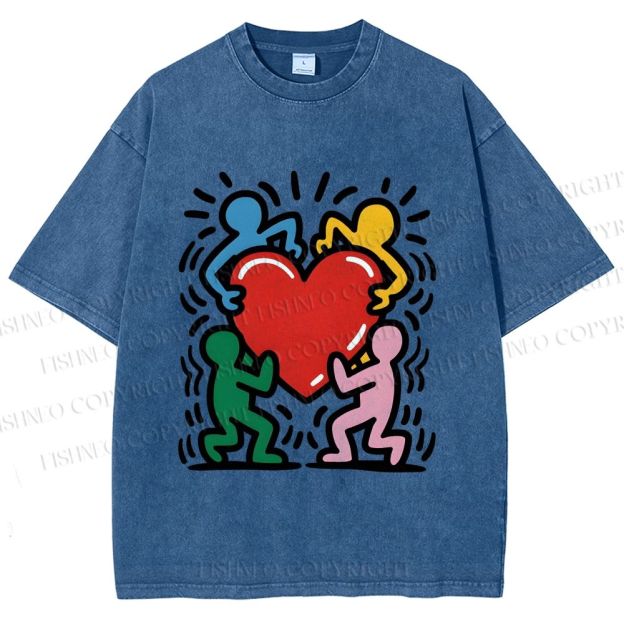 Unisex Keith Haring Heart With Bold Figures Printed Washed Tee