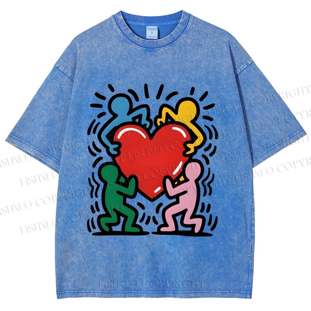 Unisex Keith Haring Heart With Bold Figures Printed Washed Tee