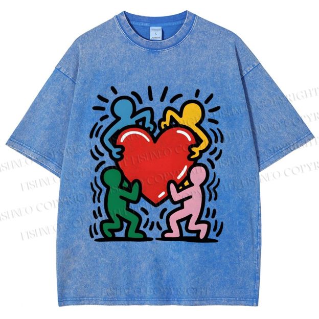 Unisex Keith Haring Heart With Bold Figures Printed Washed Tee