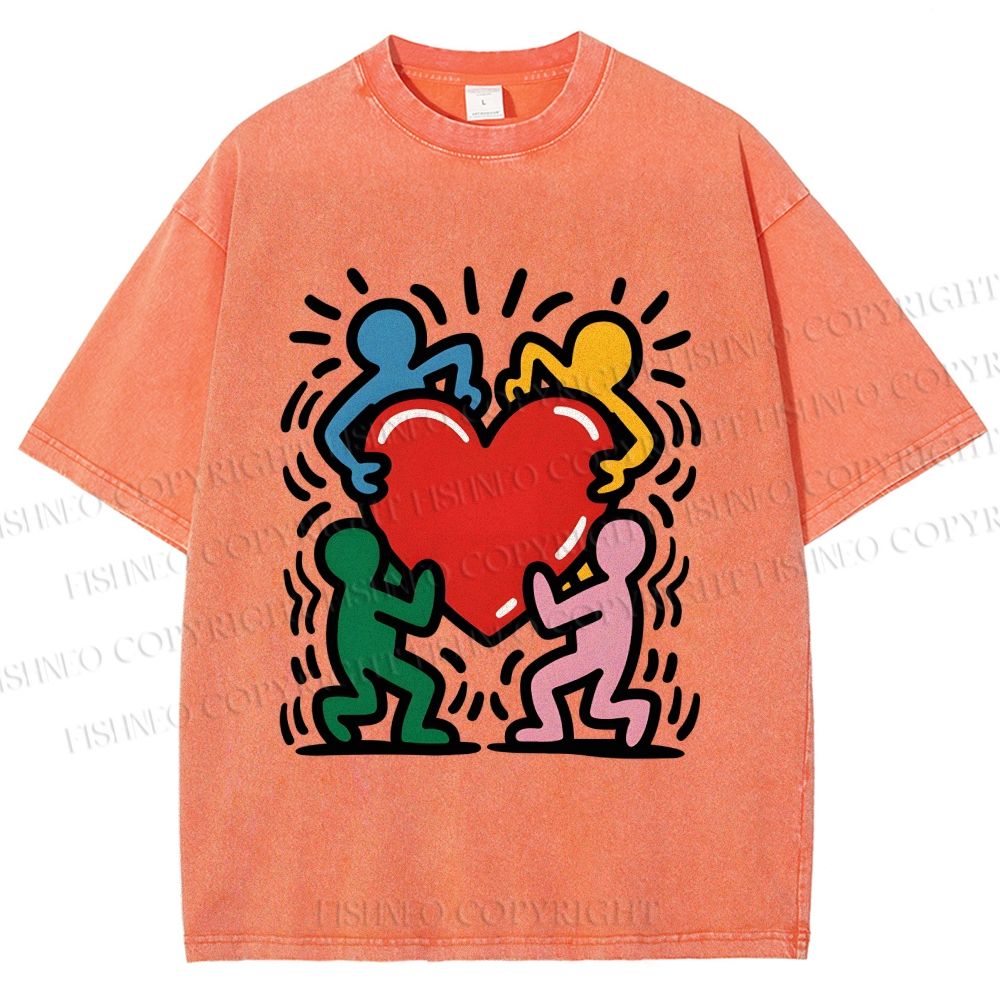 Unisex Keith Haring Heart With Bold Figures Printed Washed Tee