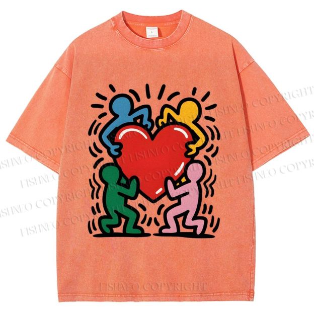 Unisex Keith Haring Heart With Bold Figures Printed Washed Tee