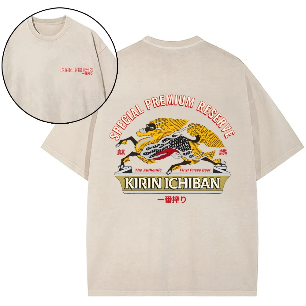 Kirin Beer Vintage Wash Japanese Design Back Art T-Shirt