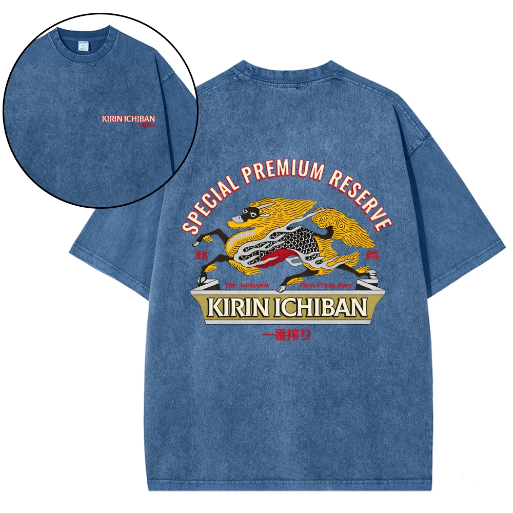Kirin Beer Vintage Wash Japanese Design Back Art T-Shirt