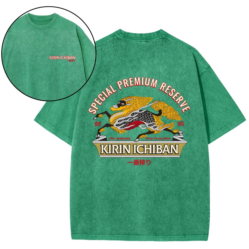 Kirin Beer Vintage Wash Japanese Design Back Art T-Shirt
