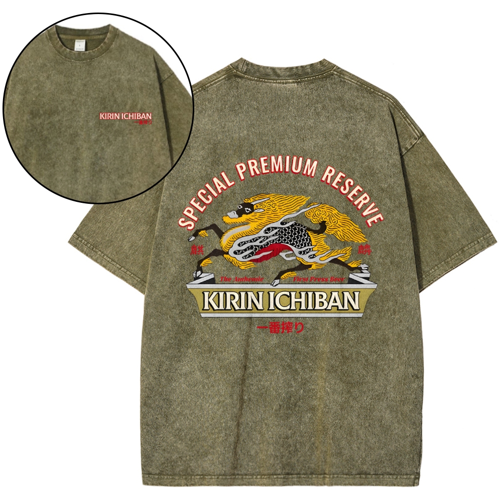 Kirin Beer Vintage Wash Japanese Design Back Art T-Shirt