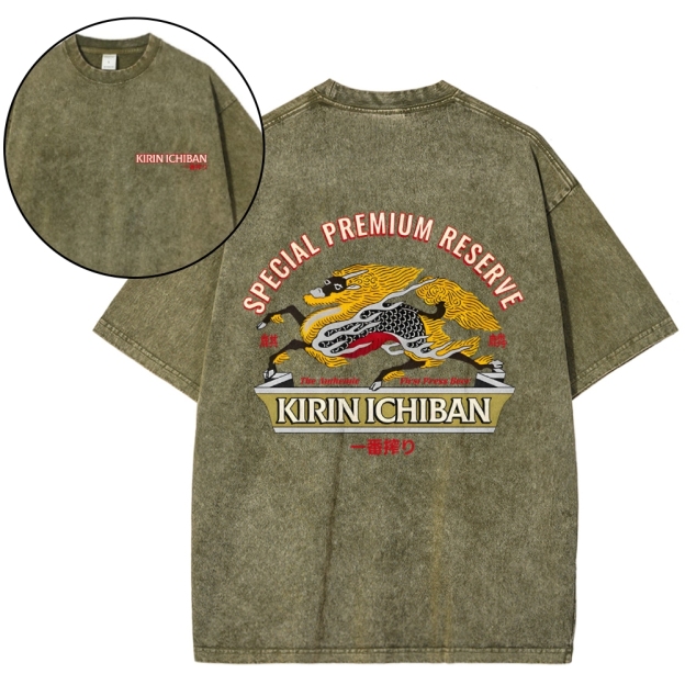 Kirin Beer Vintage Wash Japanese Design Back Art T-Shirt