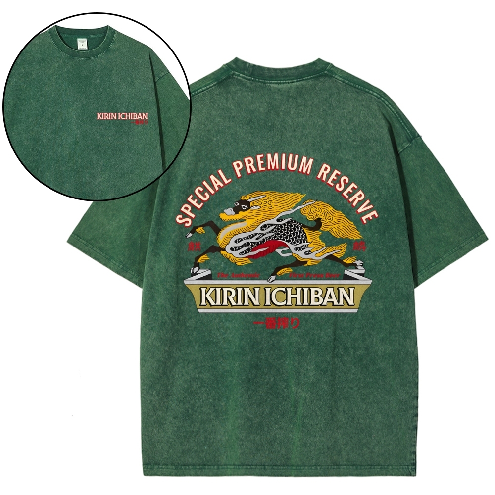 Kirin Beer Vintage Wash Japanese Design Back Art T-Shirt