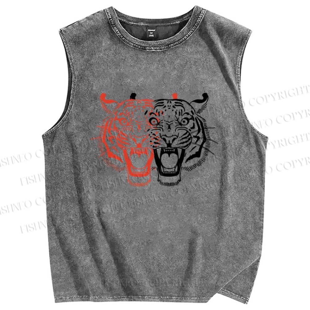 Unisex Patchwork Tiger Printed Washed Tank Top