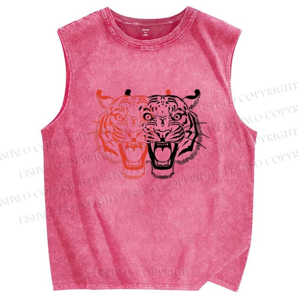Unisex Patchwork Tiger Printed Washed Tank Top