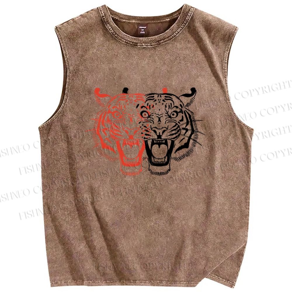 Unisex Patchwork Tiger Printed Washed Tank Top