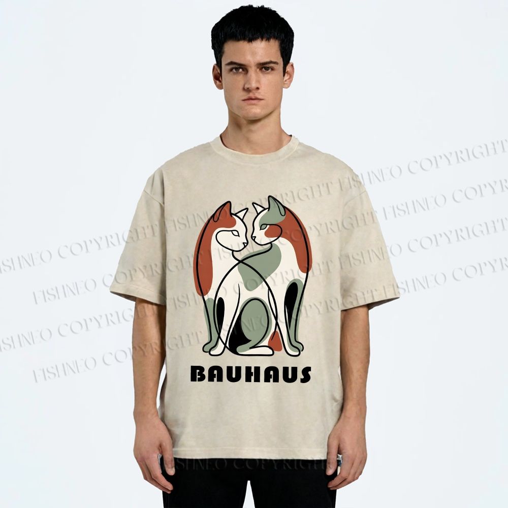 Unisex Bauhaus Colorful Cat Printed Washed Tee